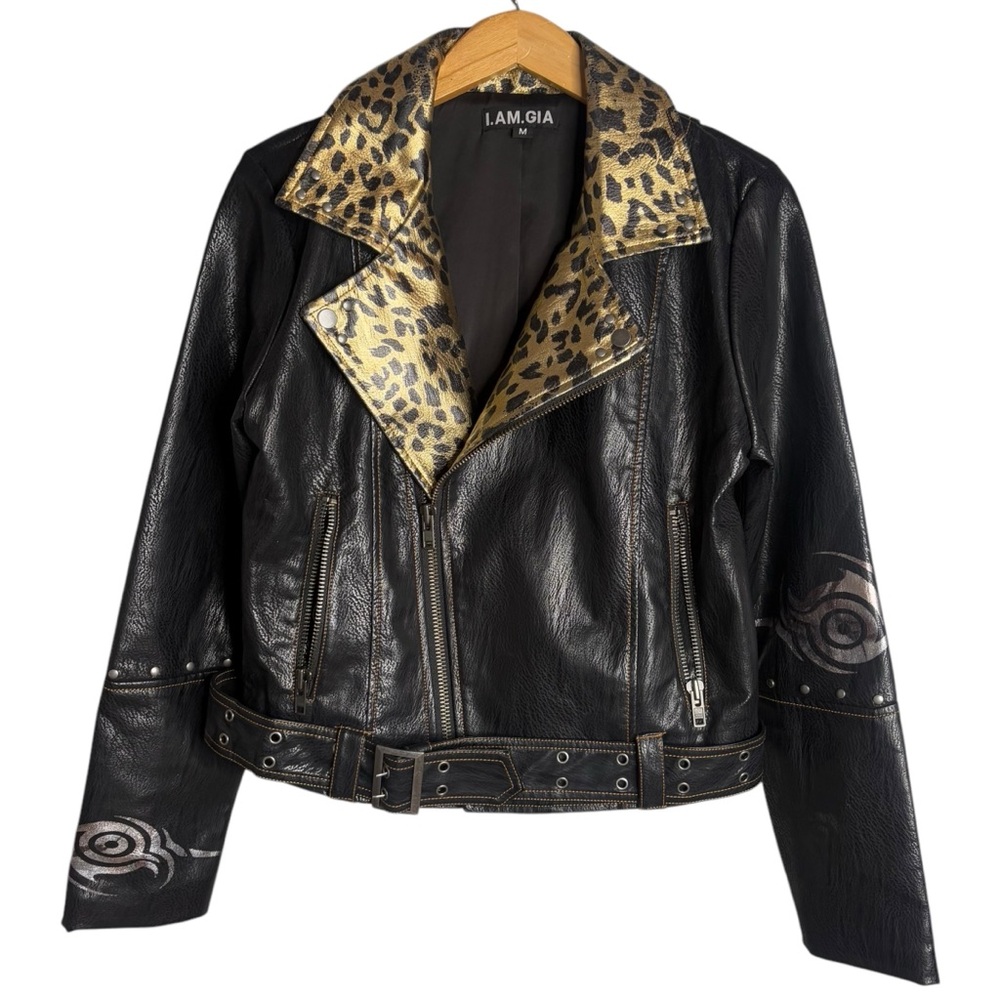I.AM.GIA vegan Leather moto Jacket Neilina metallic Leopard Print size medium